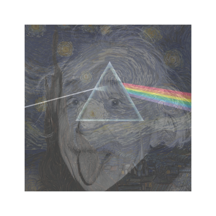 Superposition of three famous images: Einstein sticking his tongue out, Pink Floyd's Dark Side of the Moon album cover, and Van Gogh's Starry Night